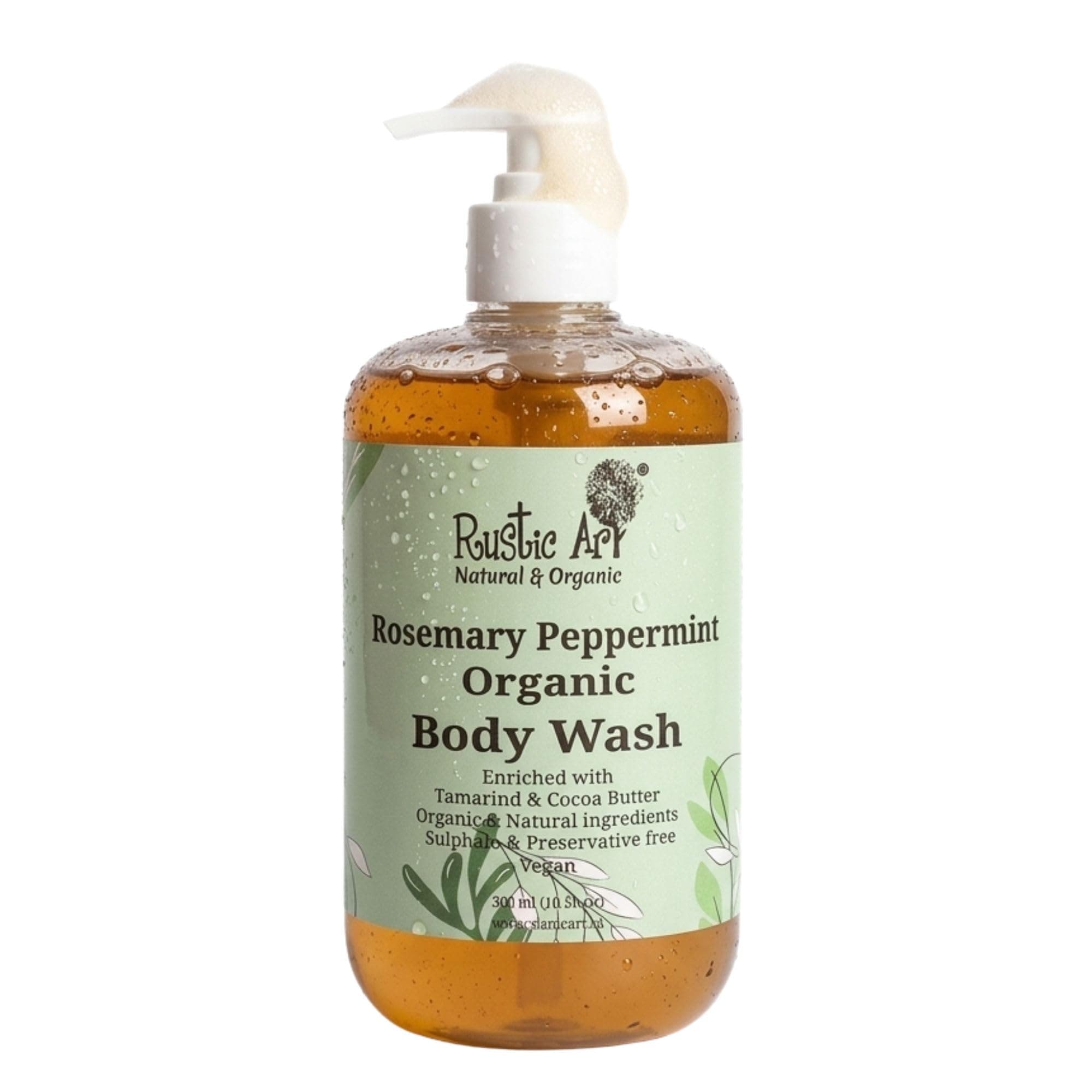 Rustic Art Rosemary Peppermint Anti Acne Body Wash | 300ml | Exfoliating & Tan Removal | Cooling Shower Gel for Oily to Normal Skin