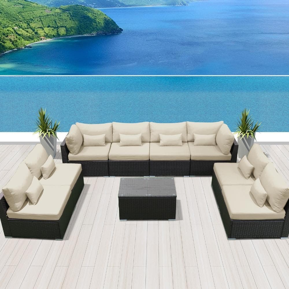 DEVOKO Rattan Wicker Outdoor Conversation Set 8 Seater Sectional Sofa Furniture for Garden Terrace All Weather Proof Cushions, 2 Double Seaters, 1 Center Table (Black & Cream)