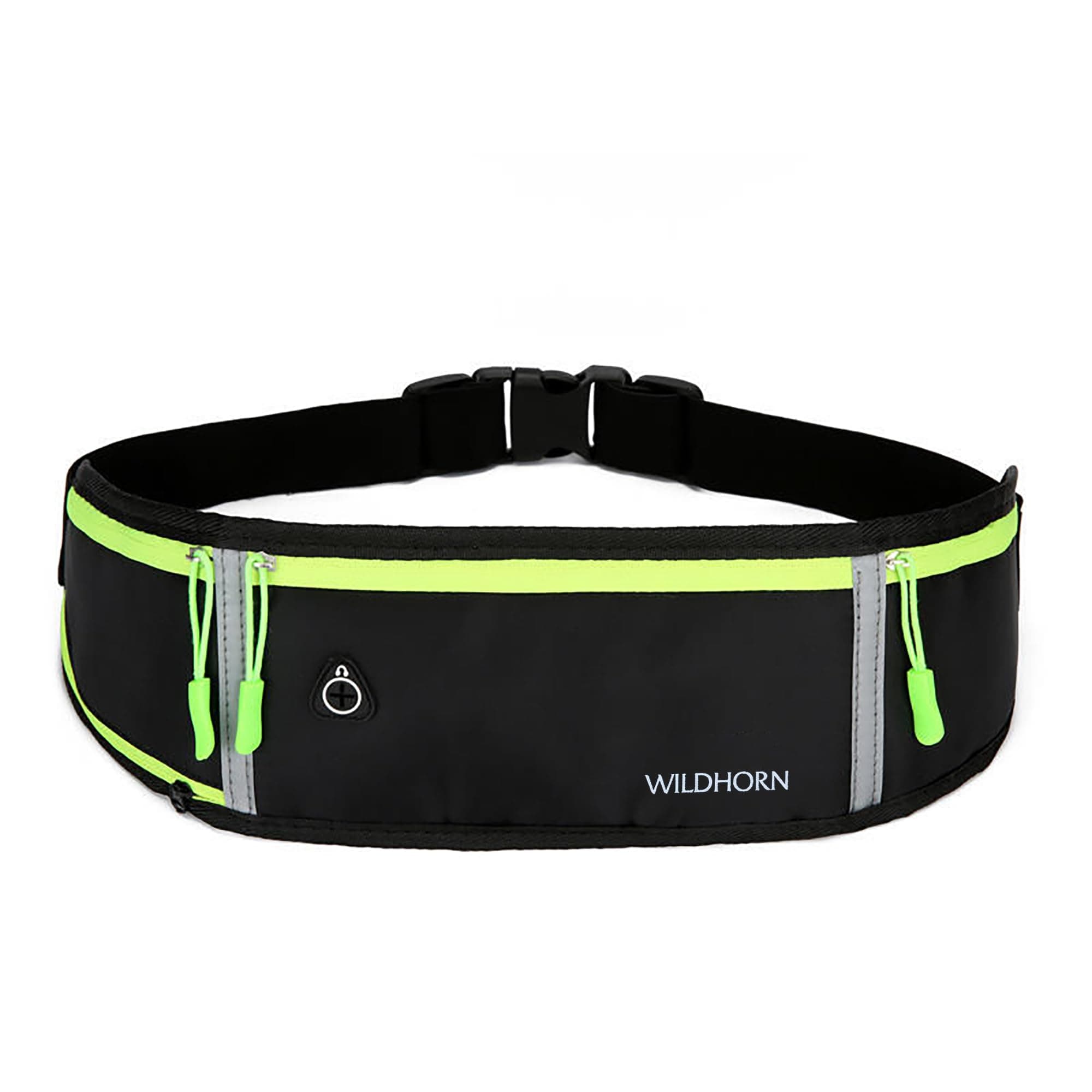 WILDHORN Running Waist Bag for Men & Women | Slim Waterproof Sports Belt with Dual Zipper Pockets, Reflective Strip & Adjustable Strap for Gym, Jogging, Cycling & Travel (Black)