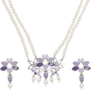 VOYLLA Festive Hues Enamelled Mirror Details Faux Pearls Gold Toned Jewellery Set