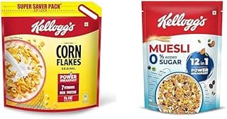 Kellogg's Corn Flakes Original 1.2kg/1.15kg | Power of 5: Energy, Protein, Iron, IMMUNO NUTRIENTS, V + Kellogg's Muesli 0% Added Sugar 500 G | 12-In-1 Power Breakfast | India's No. 1 Muesli