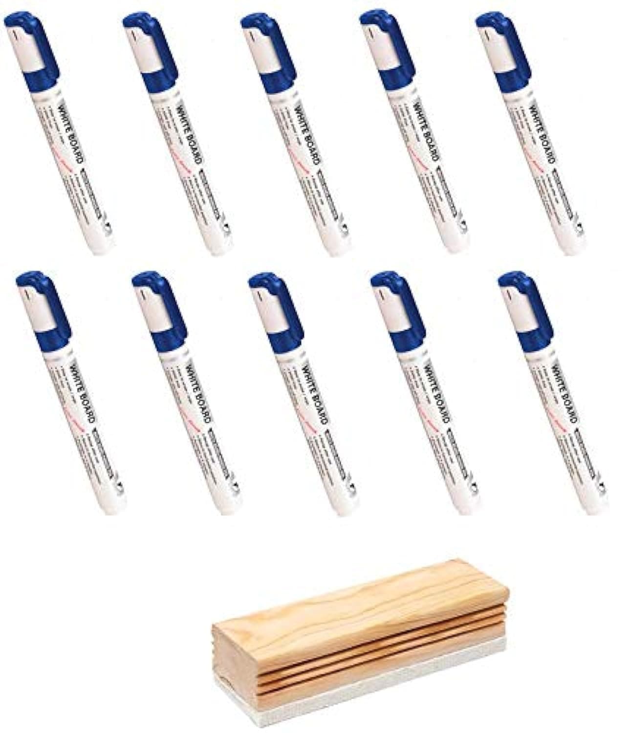 YAJNAS Non Magnetic Whiteboard Premium Wooden Duster with 10 White Board Blue Marker Pens (Blue, Pack of 11)