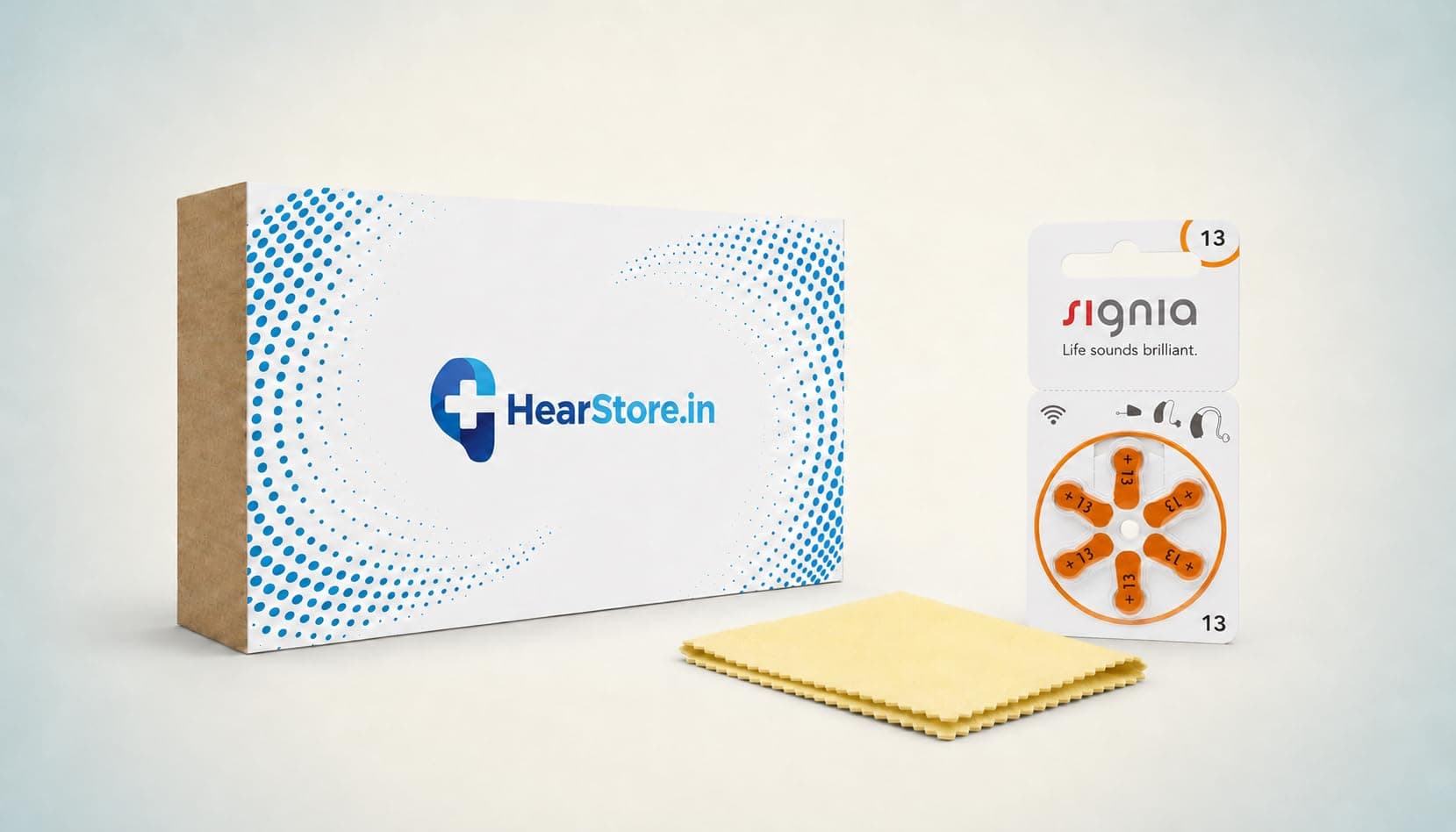 HearStore Care Kit- Signia Hearing Aid Batteries+ Durable Storage Box+ Cleaning Wipe (Size 13, 6)