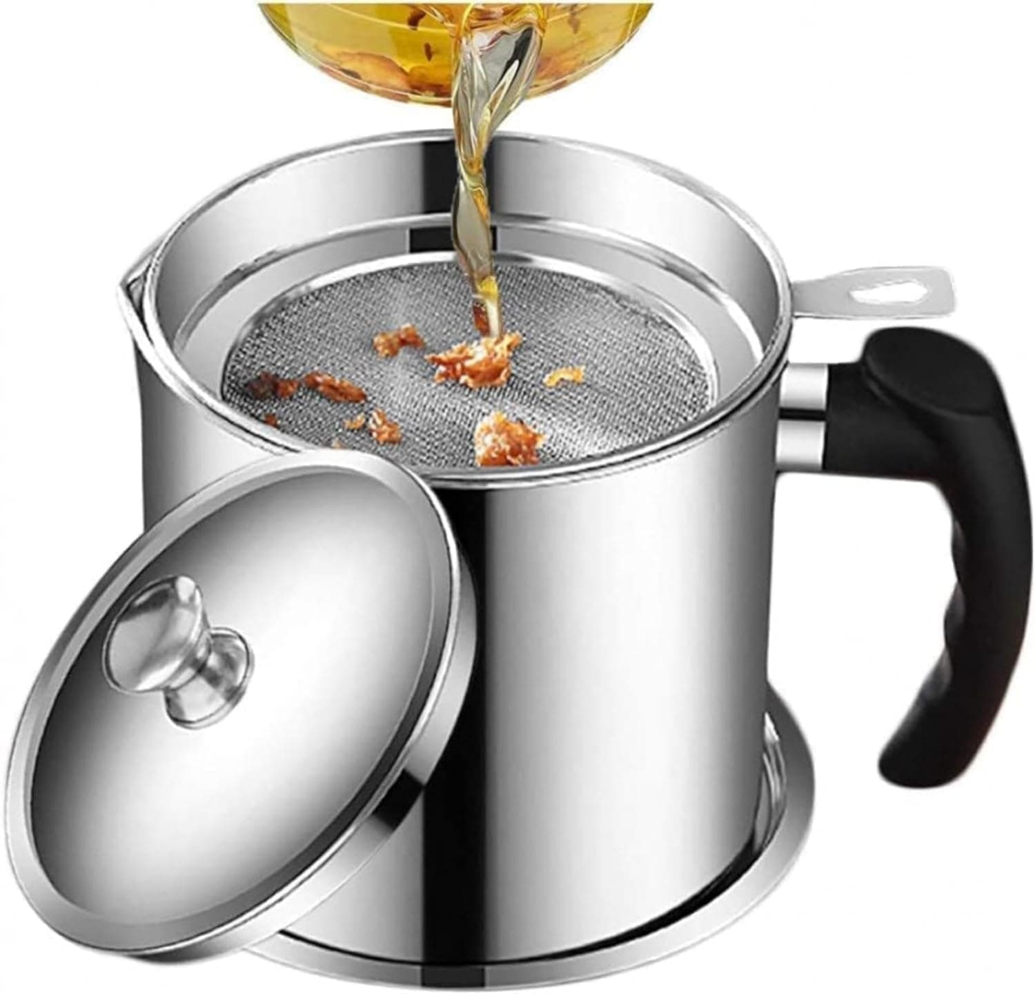 RANGILI Stainless Steel Oil Strainer Pot with Mesh Filter | 1.5 Litre 304 Grade Oil Filter Container for Kitchen with Anti-Scald Handle, Drip-Free Spout & Leak-Proof Tray | Oil Storage Pot (Silver)