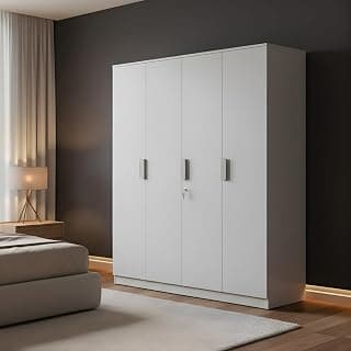 Nilkamal Joyce 4 Door Wooden Wardrobe for Bedroom | Almirah with 13 Shelves & 1 Hanging Rod | Clothes Cupboard | Engineered Wood | Frosty White