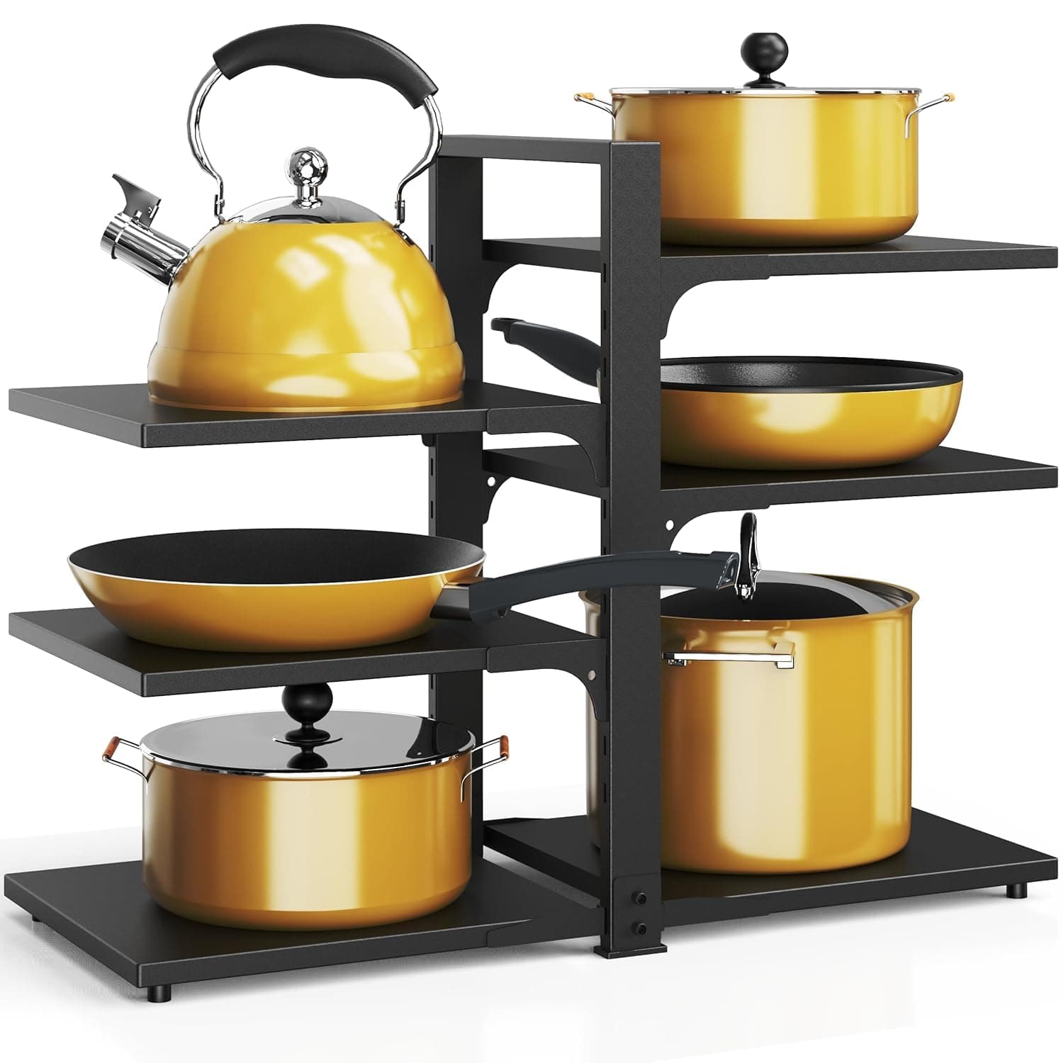 Amazon Brand - Umi Metal Portable Rack Organizer for Pots & Pans | 6 Pans Holder, 3-tiers Each side | Cabinet Pantry Pot Pan Lid Holder (Black)