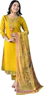 Naixa Women's Mustard Chanderi with Cotton Lining Embroidered Straight Kurta with Chanderi Silk Pant and Crep Silk Printed Dupatta Sets (NX2-556)