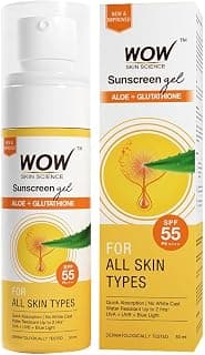 WOW Skin Science Sunscreen Gel For All Skin Types | SPF 55 PA++++ | With Glutathione & Aloe Vera Extract | Lightweight | Quick Absorbing | No White Cast | UVA & UVB Protection | 50 ml