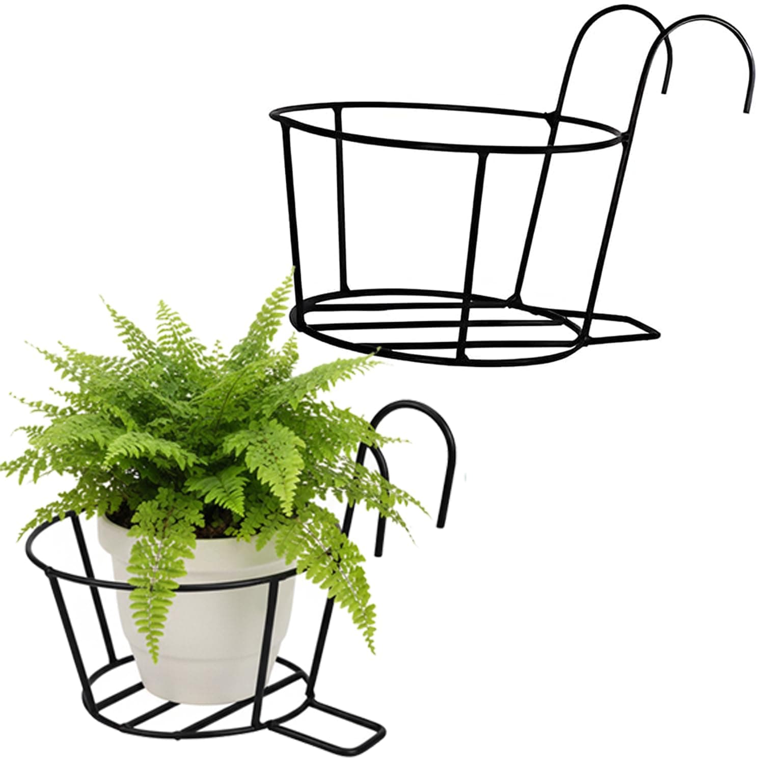 Pivalo Round Hanging Flower Pot Holder Round Balcony Railing Plant Basket Planter Iron Art Over The Rail Fence Potted Rack Decor for Orchid Deck Patio Ledge (Pack of 2, Black)