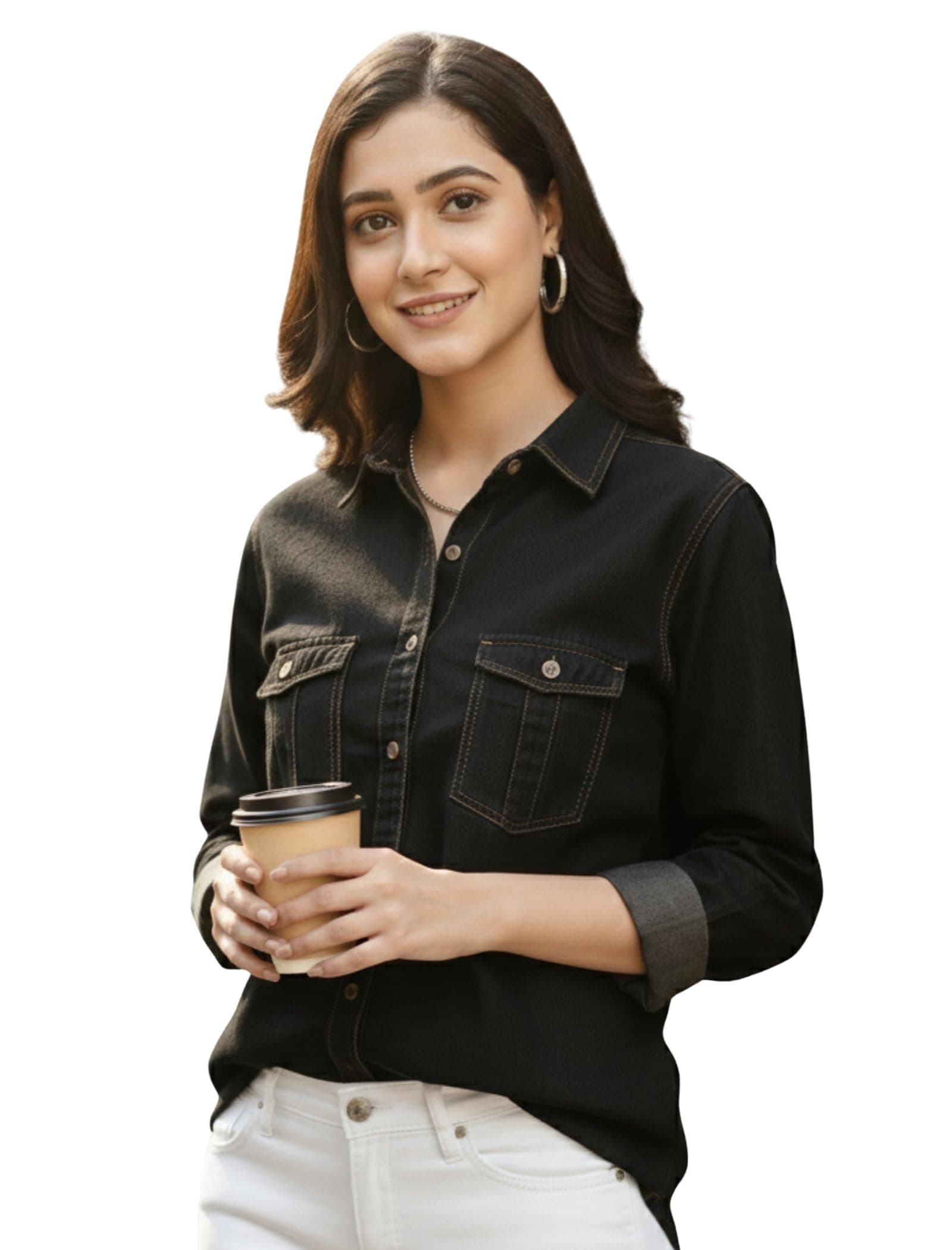Keshav Srushti Women's Denim Shirt with Regular Fit Solid Pattern Long Sleeve Collared Neck and Button Down Closure|Women's Denim Shirt
