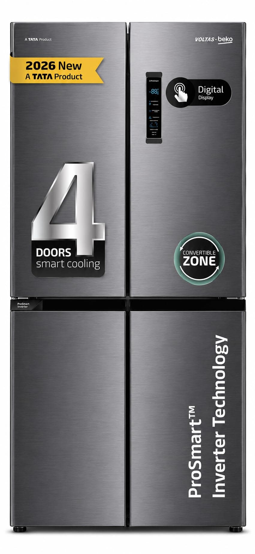 Voltas Beko, A Tata Product, 522 L, Inverter, Convertible, Frost Free, French Four Door Side by Side Refrigerator (2026 Model, R4D522/FPV3N0RXID, Inox, with Harvest Fresh Technology)