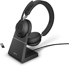 Jabra Evolve2 65 Wireless Bluetooth Headset with Charging Stand, Microsoft Teams Certified, USB-A Adapter, Stereo On-Ear Headphones with Mic, 37H Battery, Black