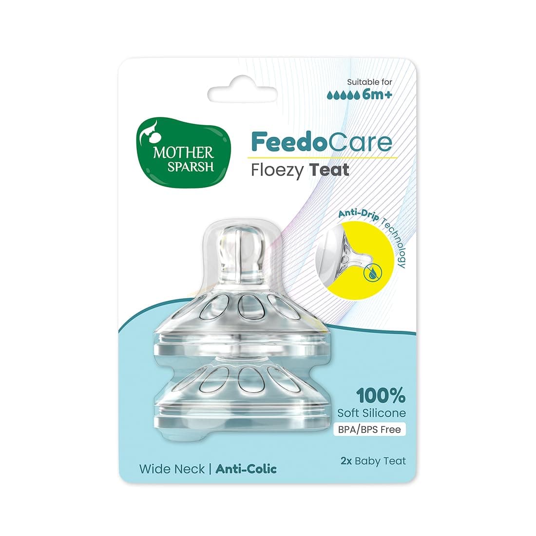 Mother Sparsh FeedoCare Floezy Feeding Bottle Teat/Nipples- Pack of 2, Natural Flow-Wide Neck Teats for 6+ Month Babies | Variable Flow (Y)
