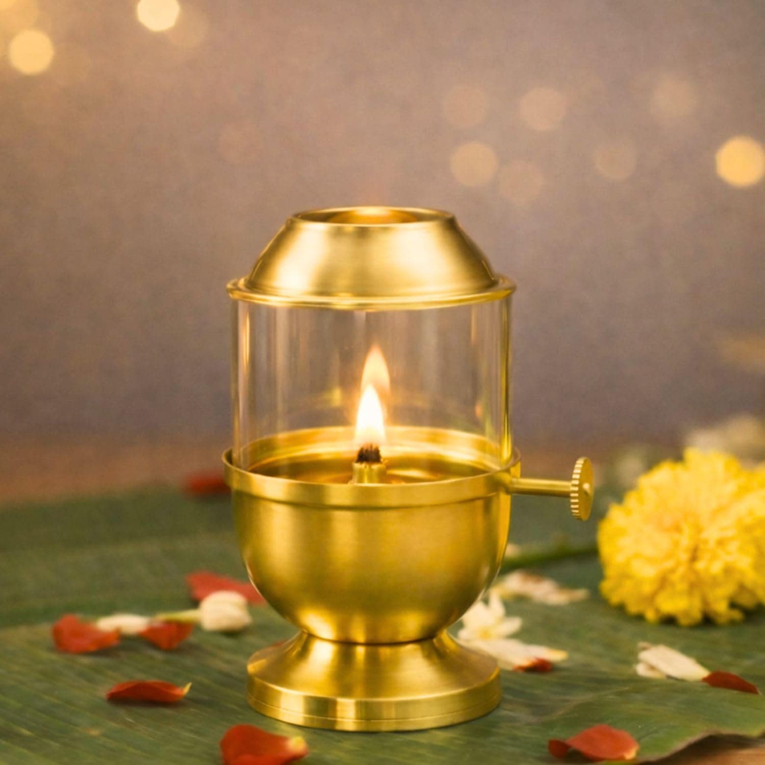 ServDharm Brass Akhand Diya with Adjustable Bati for Puja, Wick Adjustment Screw Knob and Borosilicate Glass Cover I Medium, 150 ml Oil Capacity, Long Lasting 24 Hours Burn Time, 2 Wicks Included