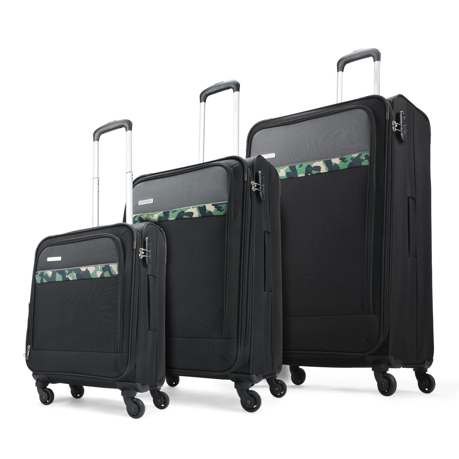 Aristocrat Commander Set of 3 Trolley Bag 55, 69 & 79cm | Small+Medium+Large | Soft Luggage | Smooth 4-Wheel Suitcase | Combination Lock | Premium Polyester Fabric with PVC Coating (Black)