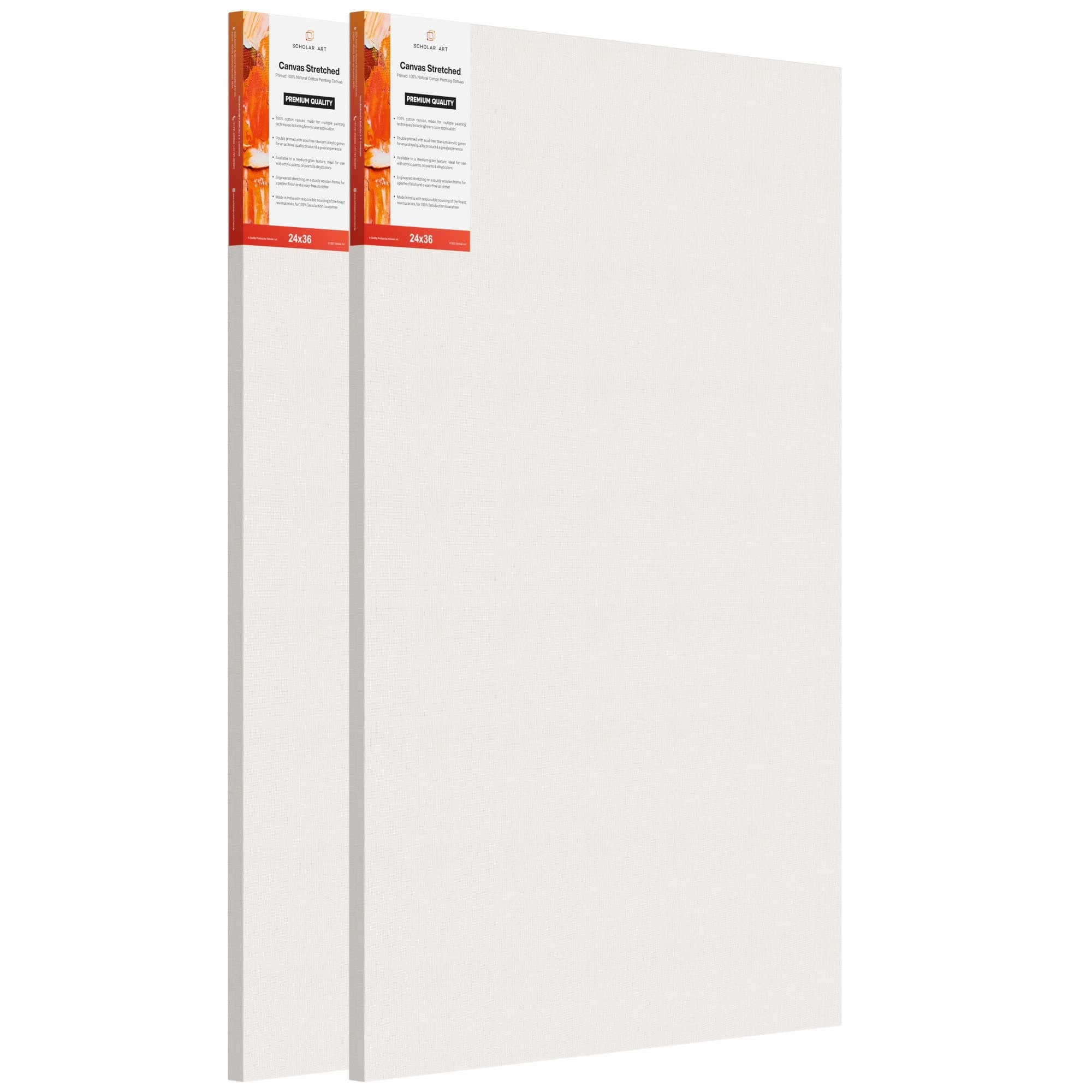 Scholar Art® Artist Standard Series 10 Oz (440 GSM) 100% Cotton Pre-Stretched Canvas with Wooden Frame 18x40 mm | Primed Canvas Stretched for Oil & Acrylic Painting | 24"x36" (60x90 cm), Pack of 2