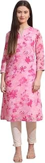 W for Woman Pink Bold Floral Printed Pure Cotton Straight Kurta with Lace