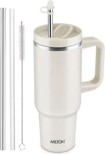 MILTON Malmo 1200 Thermosteel Double Wall Vacuum Insulated Stainless Steel Water Tumbler with Handle 1100ml,Travel Mug with Straw,Silicon Cap,Cleaning Brush,Hot & Cold Beverage Flask, Cream
