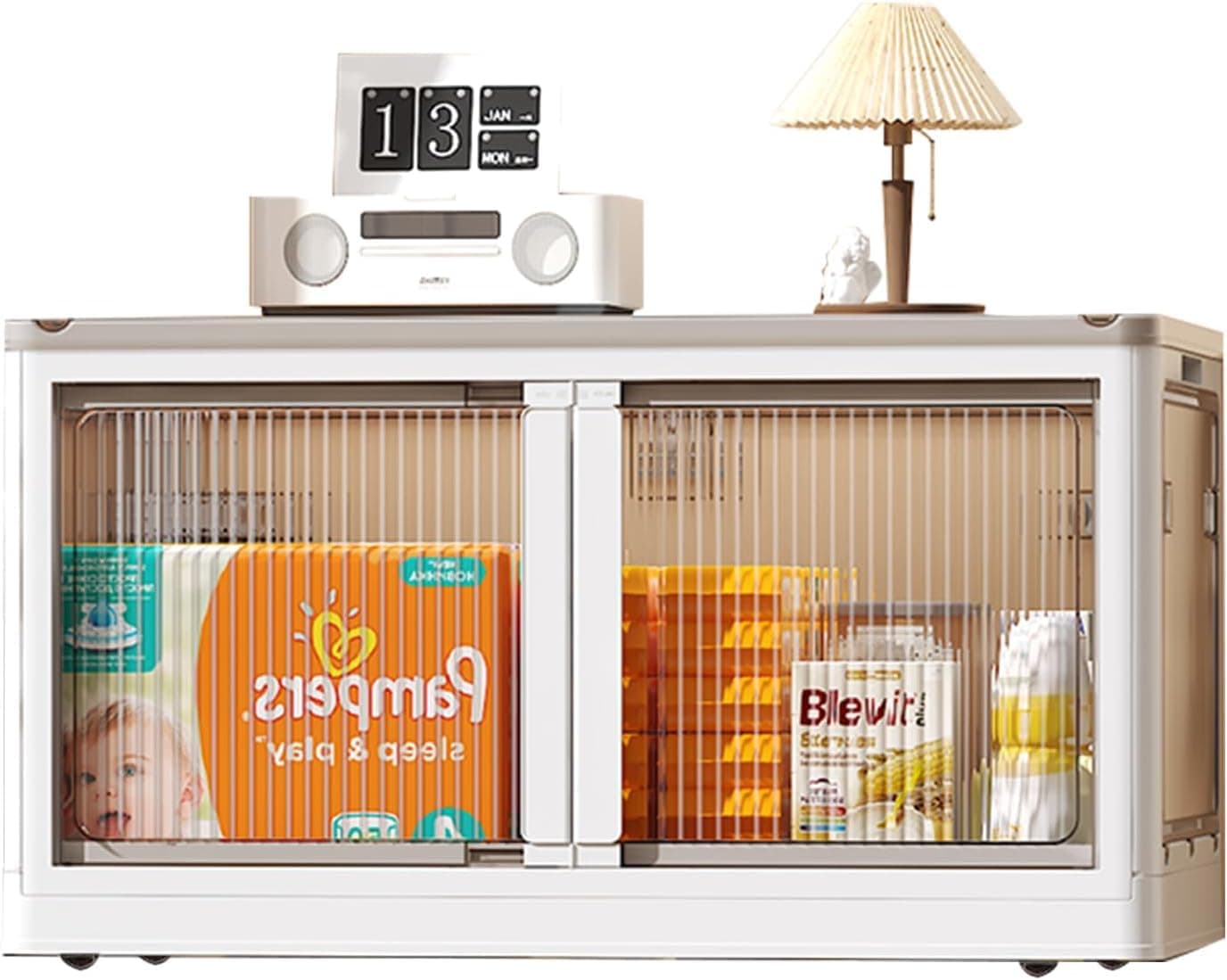 EXVITO Plastic Cupboard for Storage - Collapsible Wardrobes for Clothes | Almirah for Clothes | Folding Storage Box | Stackable Storage Bins with Door Space Saving Bedroom Closet (Off-White, 1-Tier)