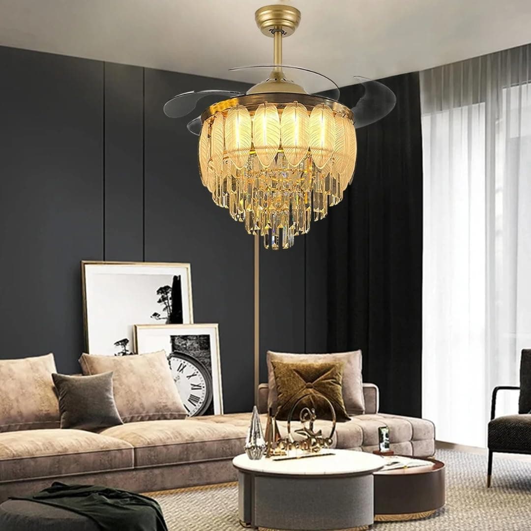 HDC Glass Leaf Crystal Chandelier Fan with Remote Control | Luxury Gold Ceiling Fan with Light & Retractable Blades | Decorative Fandelier for Living Room Bedroom Hall Home Décor