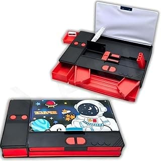 SMAX Plastic Pencil Box for Kids Jumbo Size Multi-Functional Astronaut Theme Pencil Geometry Box with Integrated Sharpner for Boys Girls (Random Deisgn Pattern) (Black)