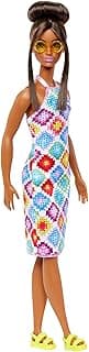 Barbie® Fashionistas™ Doll #210 with Brown Hair in Bun, Wearing Colorful Crochet Halter Dress, Sunglasses and Sandals