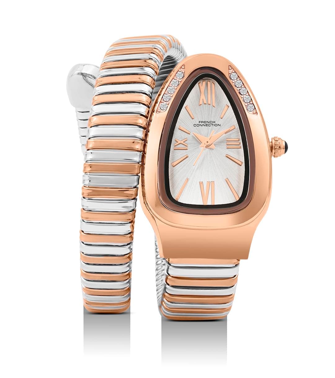 French Connection Eternelle Curve | Silver Dial with Rose Gold Case | Flexible Wrap Bracelet Strap | Crystal Accent Design | Roman Numerals Analog Watch for Women - FCN0142SRTM