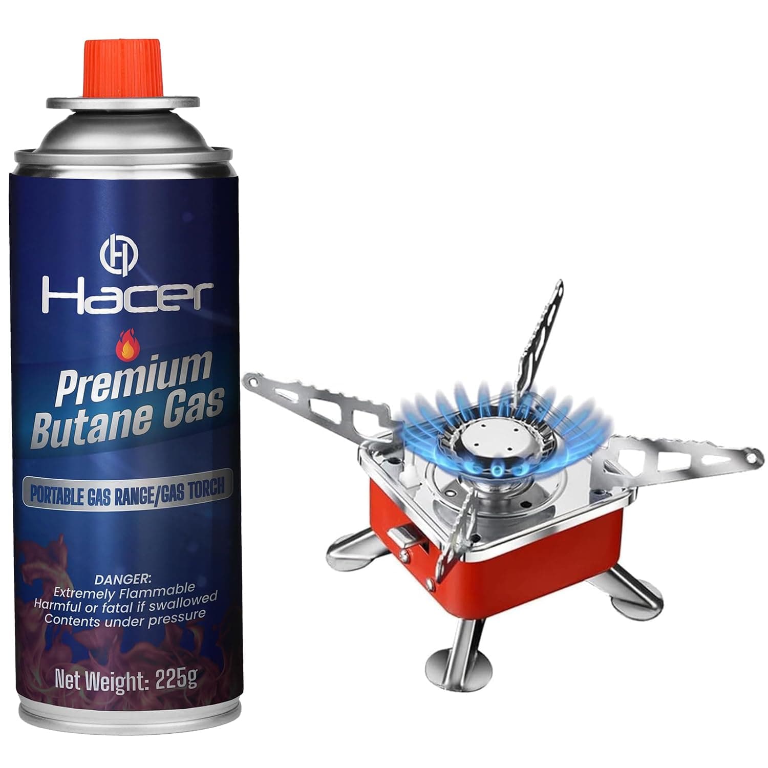 Hacer Portable Camping Stove for Travel with Butane Gas Cylinder, Foldable Furnace & Refill Canister Kit, Lightweight Gas Burner for Hiking & Emergency Cooking Use (1 Refill + 1 Stove)