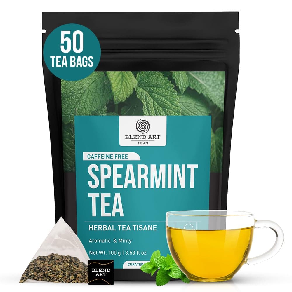 Spearmint Tea Bags 50 Count Herbal Tea Bags PCOS PCOD RELIEF Balances Hormones Support Digestion Refreshing Aromatic and Minty Gluten Free Caffeine Free Tea 100% Pure Spearmint leaves Pyramid Tea bags