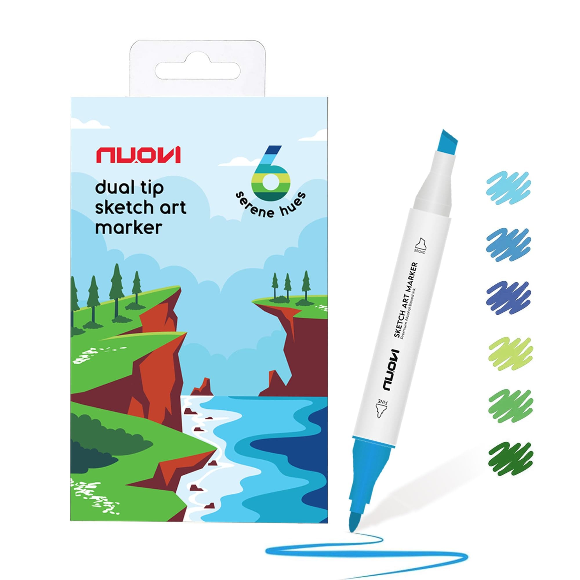 NUOVI Serene Hue Sketch Art Markers 6 Shades | Super Blendable Alcohol Based Ink, Smudge Free Colors | Dual Tip Fine & Chisel Tip Markers for Drawing, Colouring & Sketching
