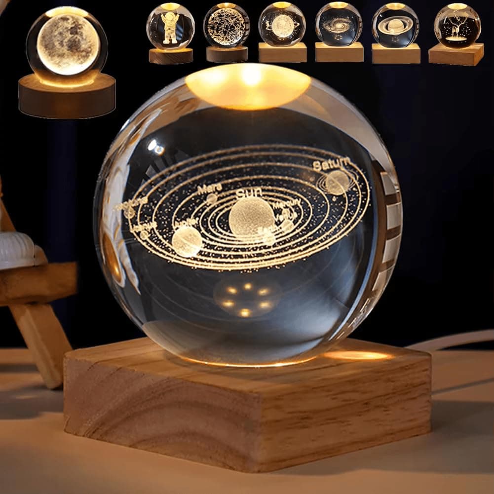 Crackles 3D Crystal Ball Night Lamp, Creative Engraved Night Light for Kids Room, USB Table Lamp with Wooden Base, Light for Home Office Decoration (Random Design) Pack of 5 for Return Gifts