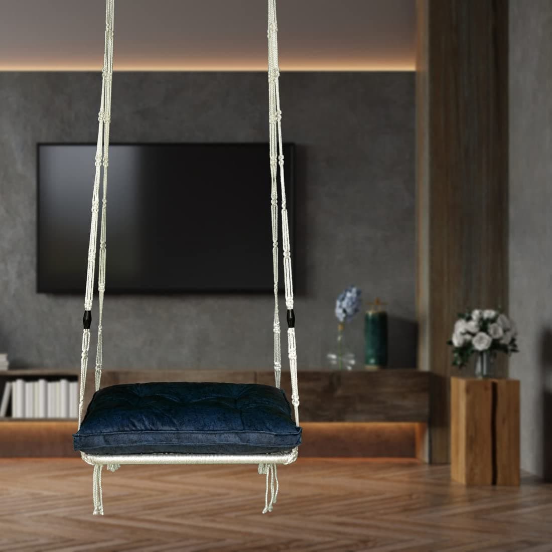 Patiofy Hanging Hammock Swing - Matt-Blue Cushion, White, Indoor & Outdoor, Balcony & Garden