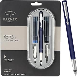 Parker Vector Standard Chrome Trim Calligraphy Fountain Pen | 7-Piece Set containts 2 Nibs, 2 Blue & 2 Black Ink Cartridges | Ideal for Creative Writing & Fine Detailing