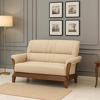 Royaloak Pearl Wooden Two Seater Sofa | Elegant Sofa Furniture for Home and Office with Leatherette Upholstery & Curved Wooden Arm | Comfortable Pocket Spring Seat, High Backrest & Sturdy Frame Design