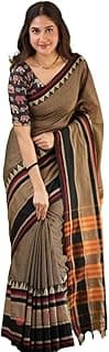 Generic Traditional Cotton Khadi Handloom Saree, Brown with Geometric Border, Cotton Blend, Traditional Style, Rahina Model, Formal Wear