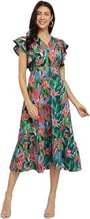 FableStreet Cotton Floral Midi Dress - Green