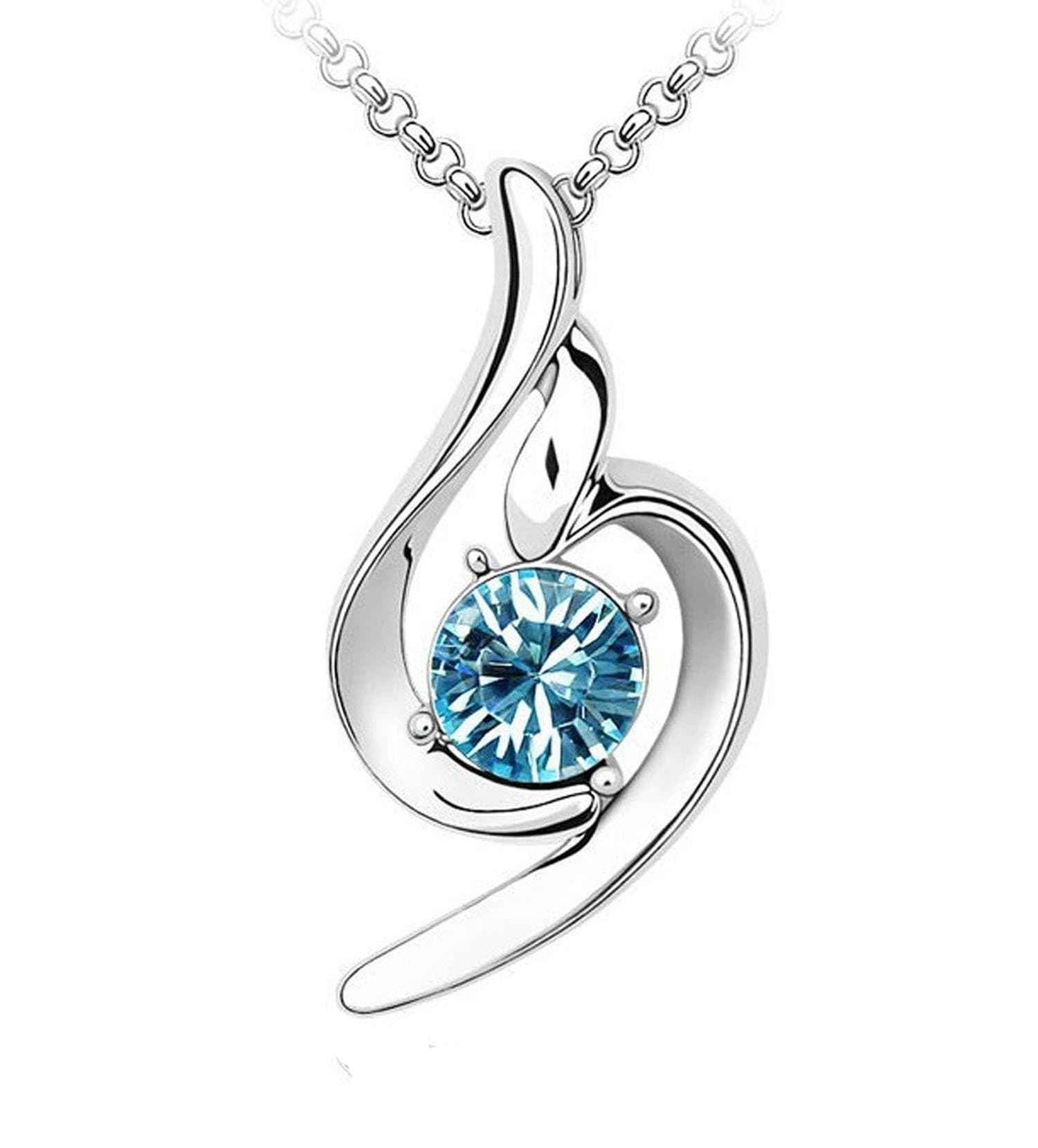 Om Jewells 18k White Gold Plated Blue Solitaire Crystal Curvy Pendant with Chain For Women & Girls