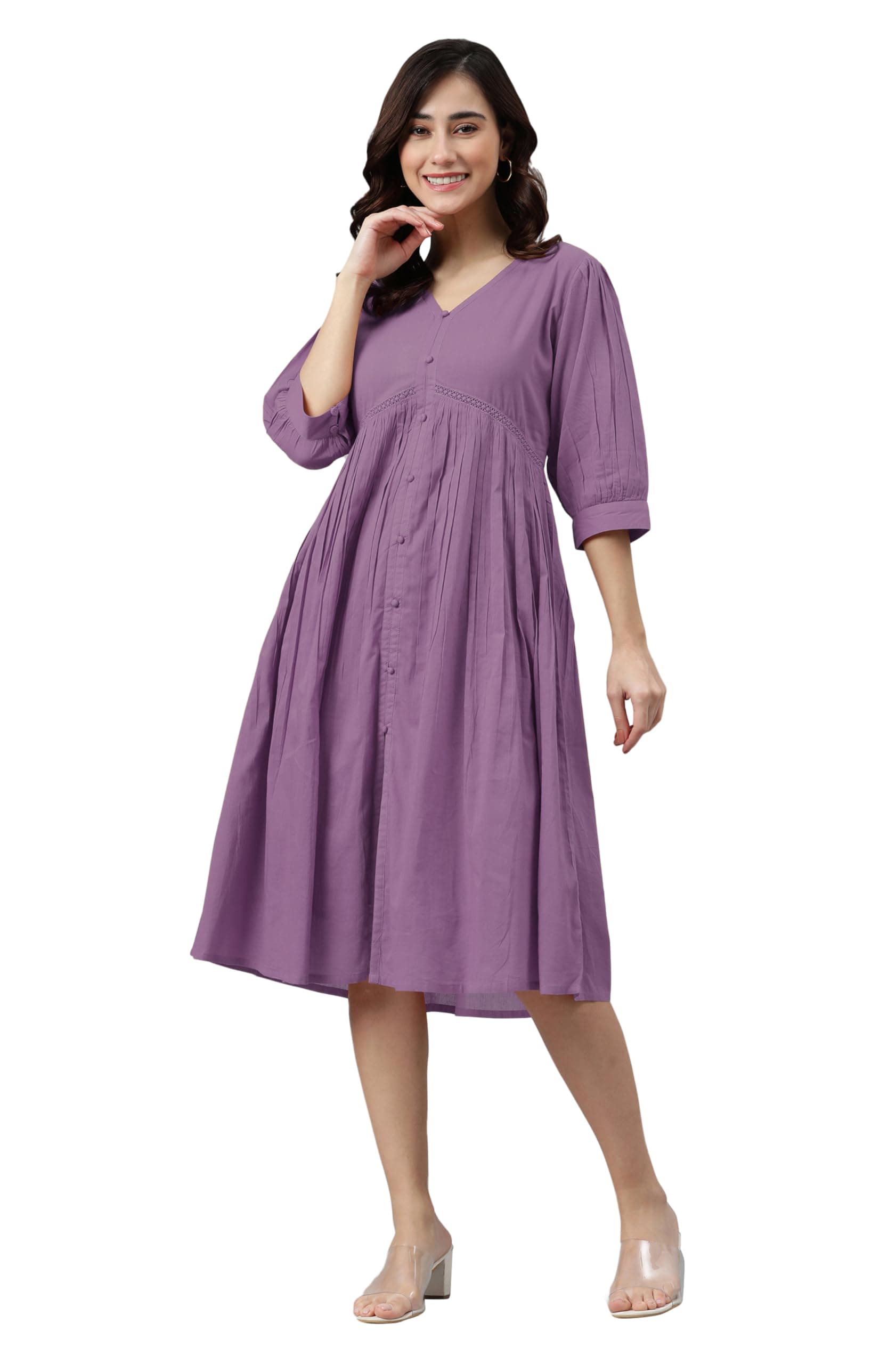Janasya Women's Cotton Solid Flared Dress