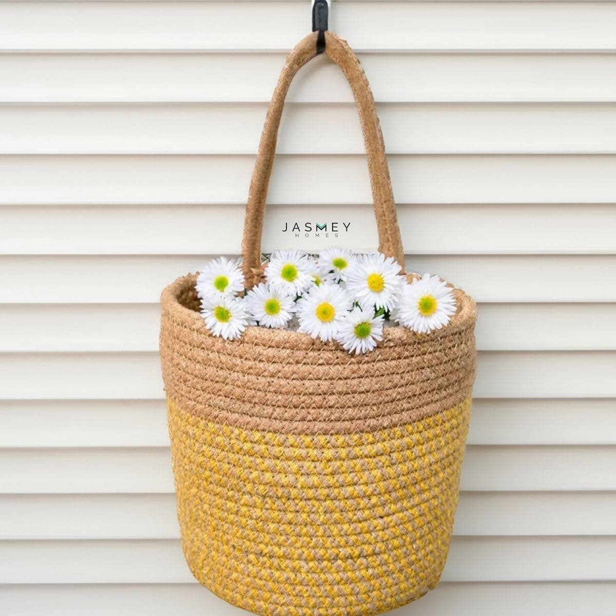 JASMEY HOMES Wall Hanging Jute Basket for Vegetables/Newspaper Storage Box for Home/Milk Basket for Main Door Hanging (Yellow)
