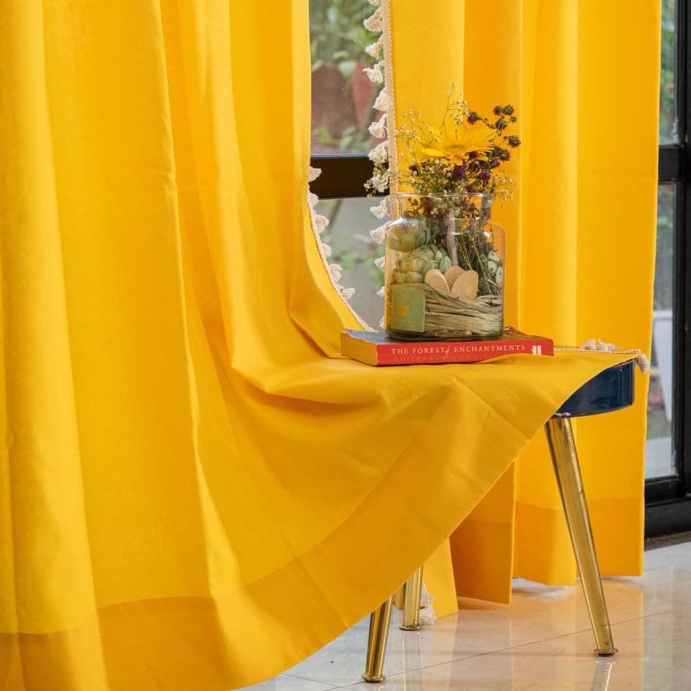 Urban Space Plain Bohemian Curtains for Window,100% Cotton Curtain 5 Feet Long Pack of 1 Decorative Curtain with Tassels,Tieback&Eyelets Included, 60-65% Room Darkening (Aura Yellow)