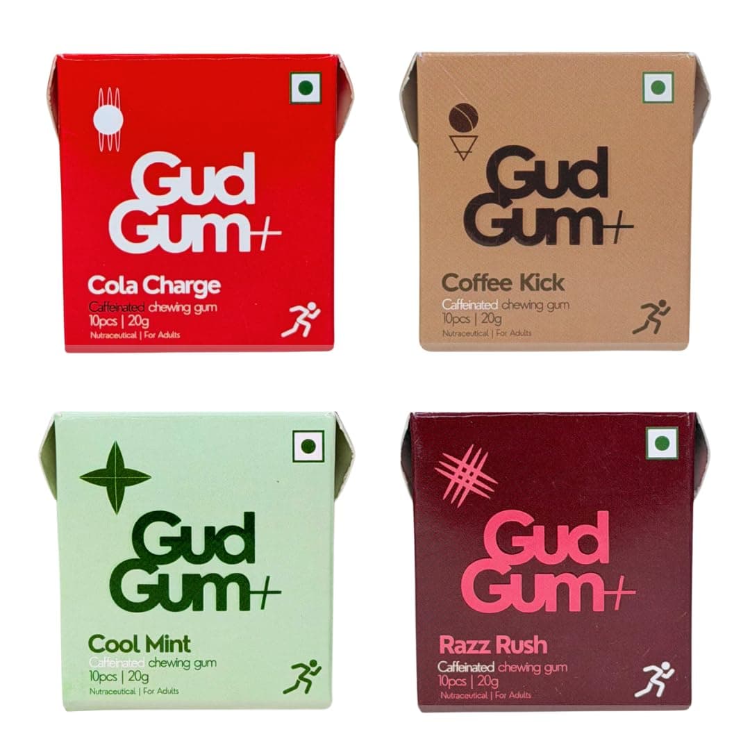 Gud Gum Caffeine Gum Variety Pack with Xylitol – 4 Pack Assorted Flavors (Cola, Raspberry, Cold Coffee, Mint) – Sugar-Free, Fast-Acting Energy Gum for Focus, Alertness & On-the-Go Boost (Assorted)