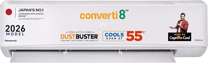 Panasonic 1.5 Ton 3 Star Inverter Split AC (DustBuster Tech,Smart Auto Cool,Higher Airflow,55°C Oper.,Copper Cond.,8in1 Convertible 2-Way,Powerful Mode,PM0.1 Filter,CS/CU-SU18BKY3T,2026 Model,White)