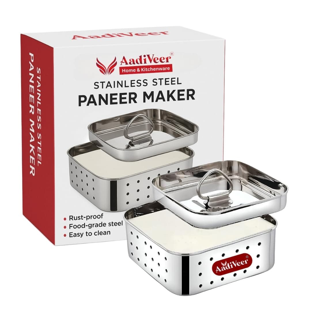 AadiVeer Stainless Steel Paneer Maker | Tofu Maker Square Mould, Paneer Press with Lid | Whey Seperator | Big Size - 650ml