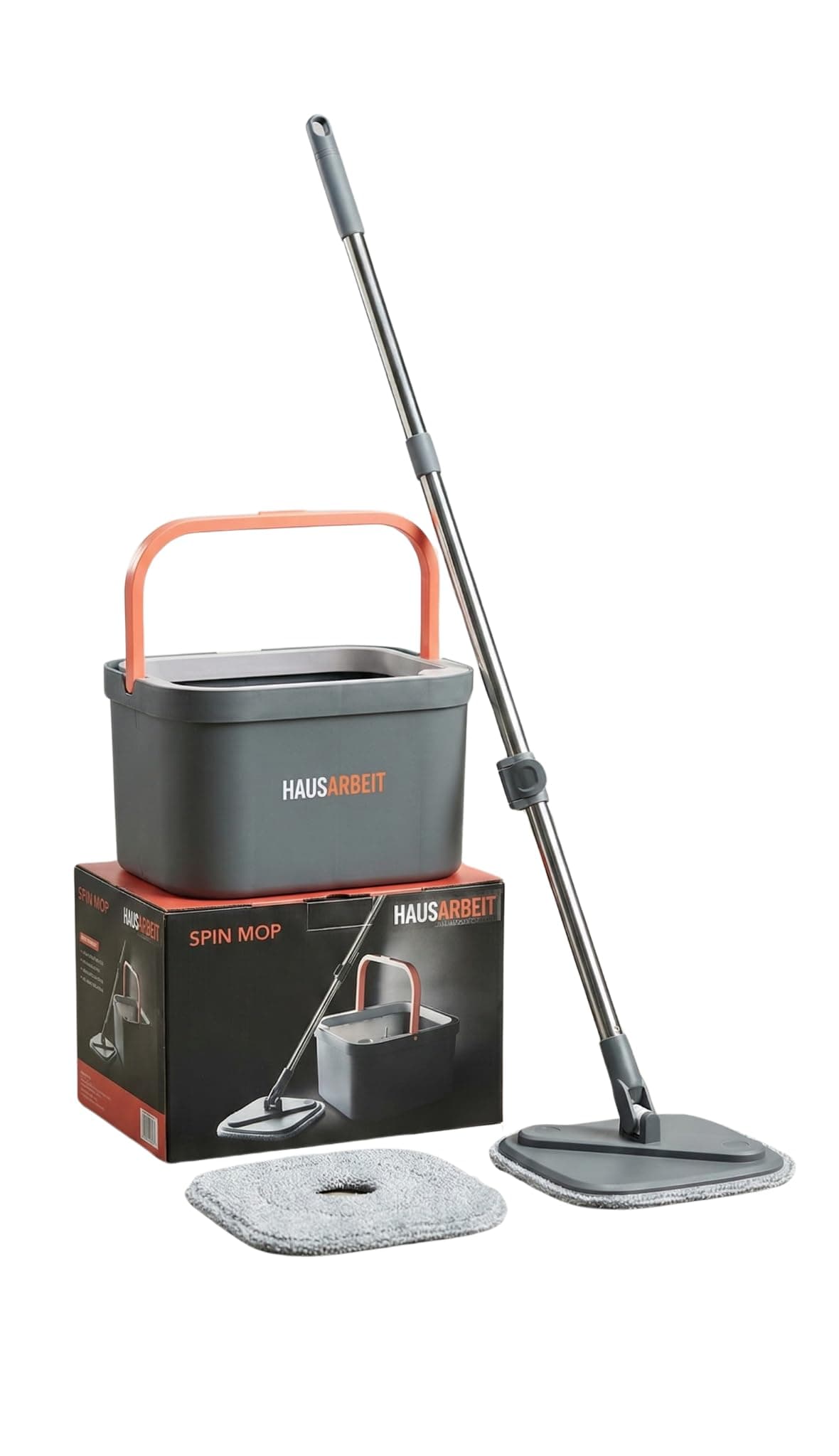 Hausarbeit 360° Spin Mop and Bucket Set with Square Design – Dual-Action Hygienic Real Time Seperation of Clean and Dirt Water Technology – Includes 2 Microfiber Pads – Grey/Orange