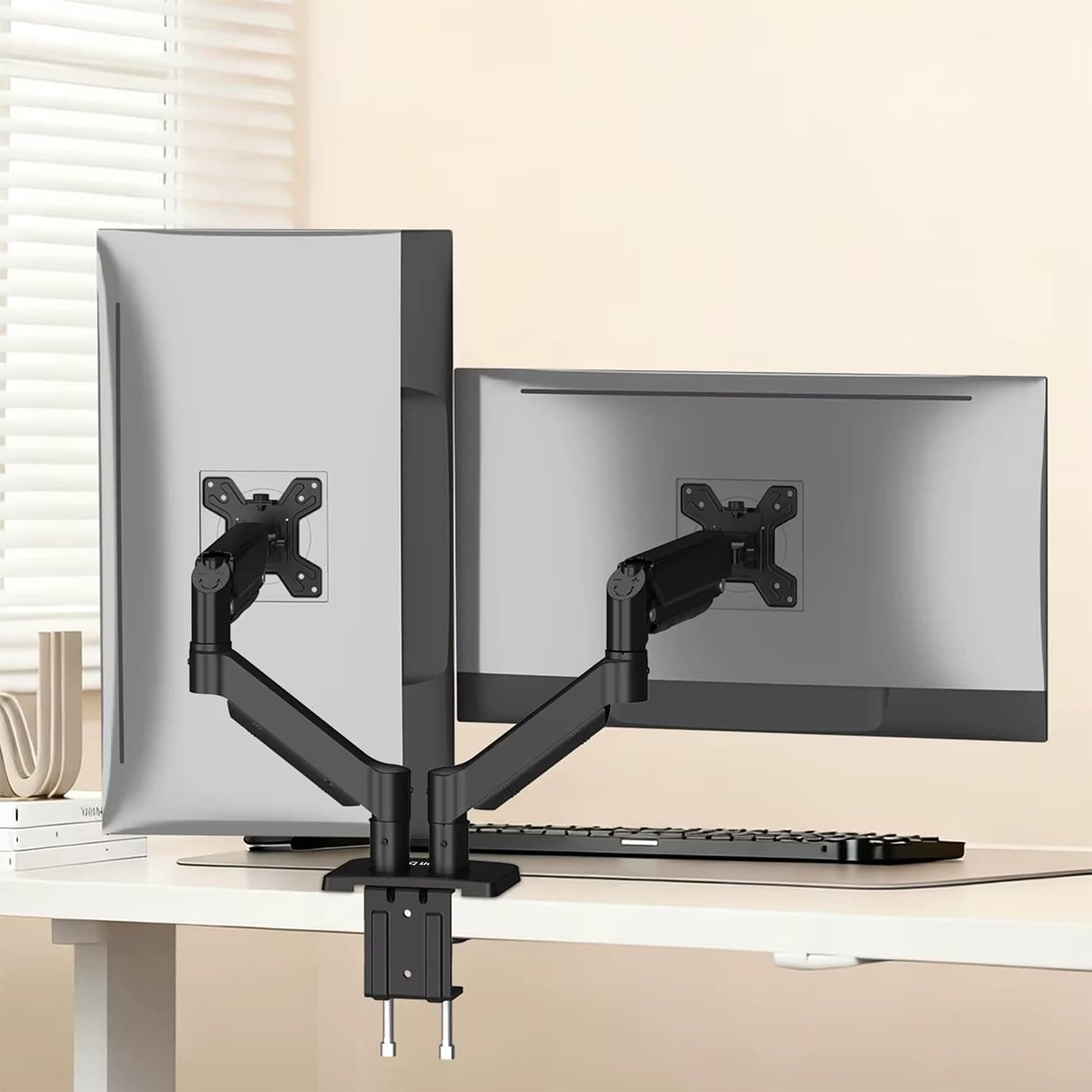 Amazon Basics Heavy Duty Dual Monitor Arm with Gas Spring Adjustment for 13-32" Screens | Ergonomic Adjustable VESA Stand | Supports 9 Kgs Per Arm | Swivel, Tilt & Rotate | Steel & Aluminum Build