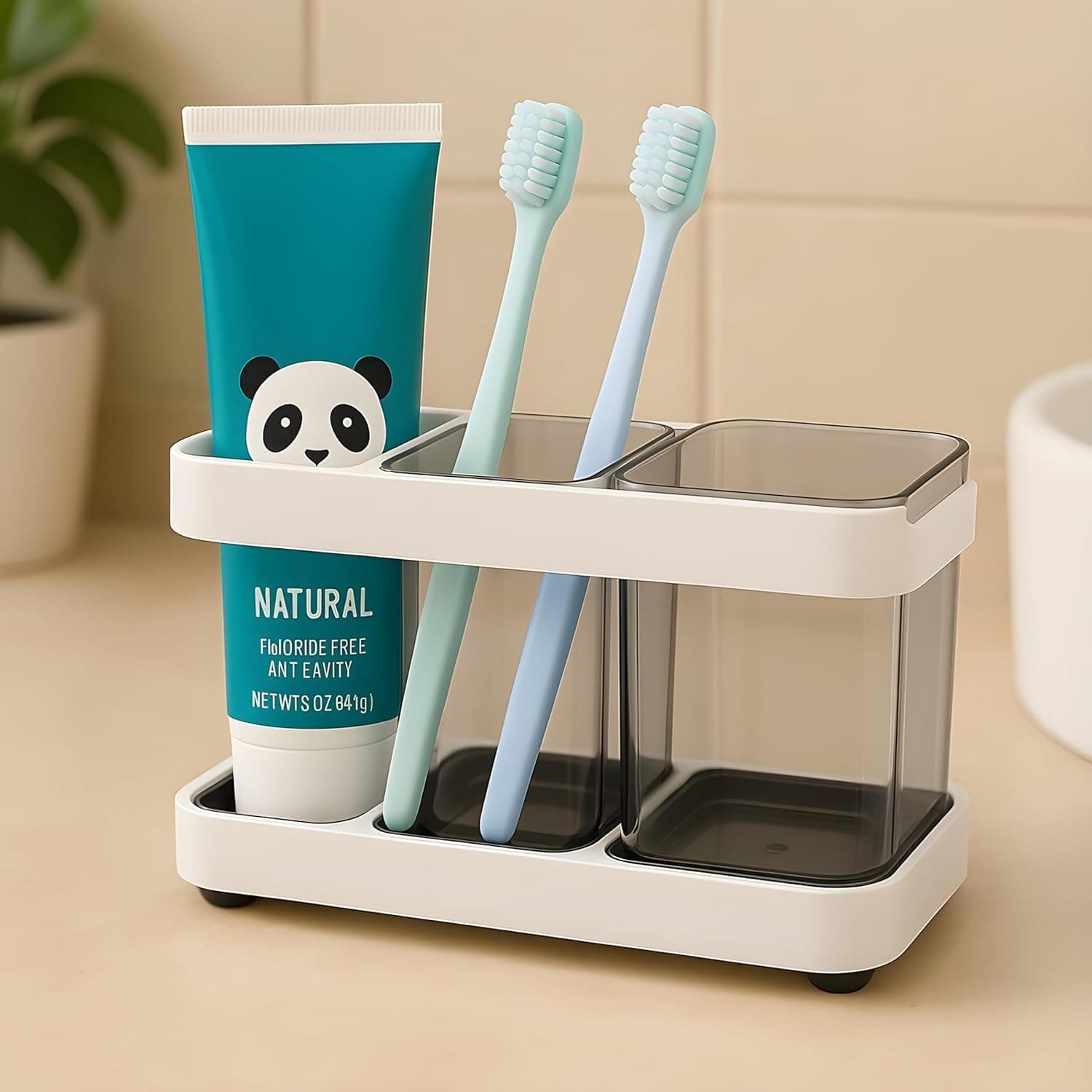 STEFFAN Toothbrush Holder for Bathroom Wall, Toothbrush and Toothpaste Holder with 2 Cups, Multipurpose Bathroom Organizer, Durable Wall Mounted Brush Holder, Space Saving Bathroom Accessories
