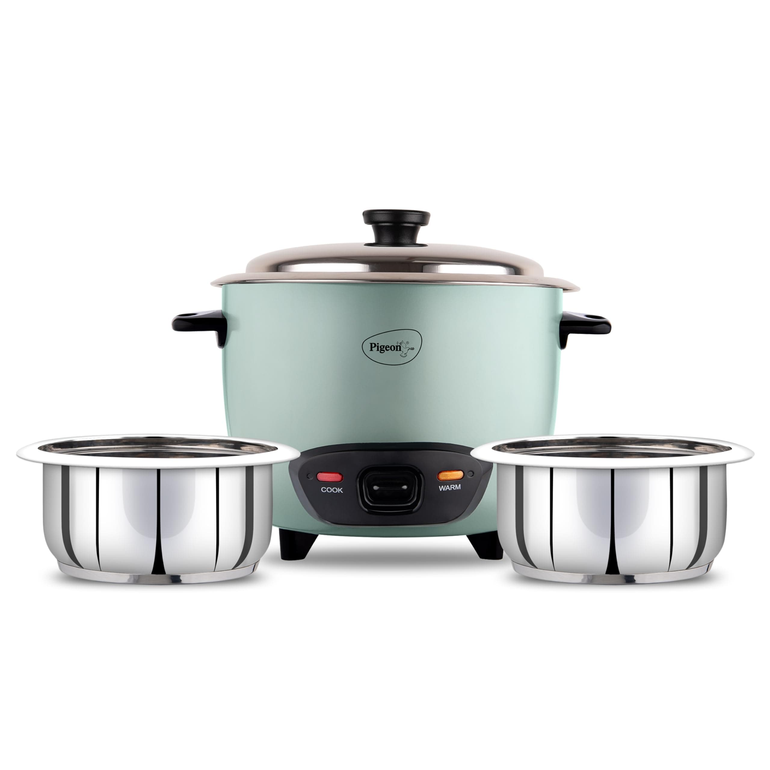 Pigeon Inox Rice Cooker with Double pot, 1 litres | Stainless Steel Lid | 400 Watts | 2 Steel Cooking Pot | Measuring Cup | Spatula | Energy Efficient Cooking
