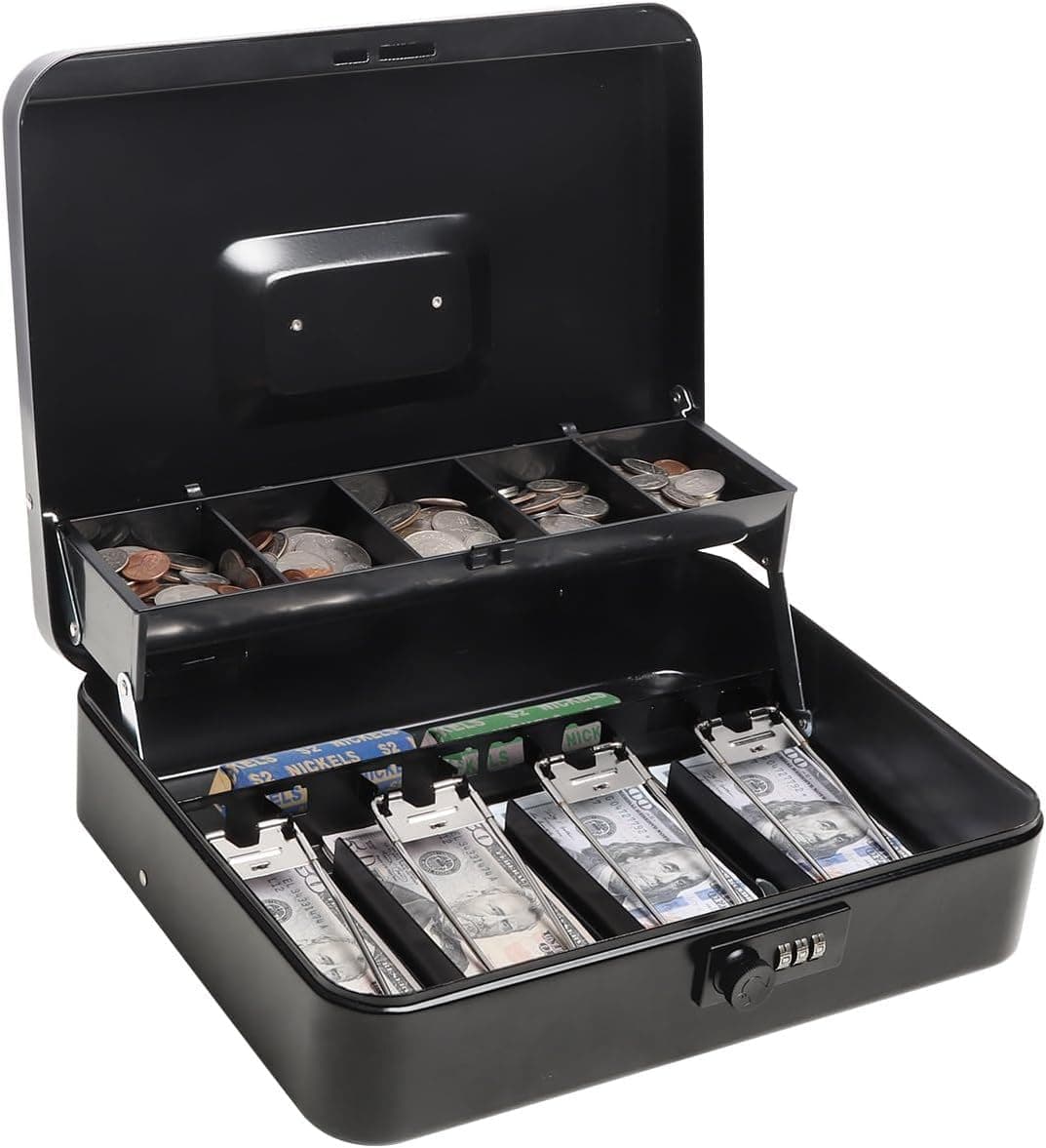 GOBBLER Cash box with Number Combination Lock & 2 Level Money Tray, Metal Money Box Large Size: 30 * 24 * 9cm (GC-3025) - Black