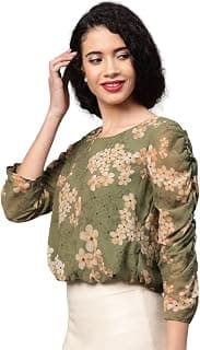 sassafras Women's Floral Rouched Sleeves Crop Top