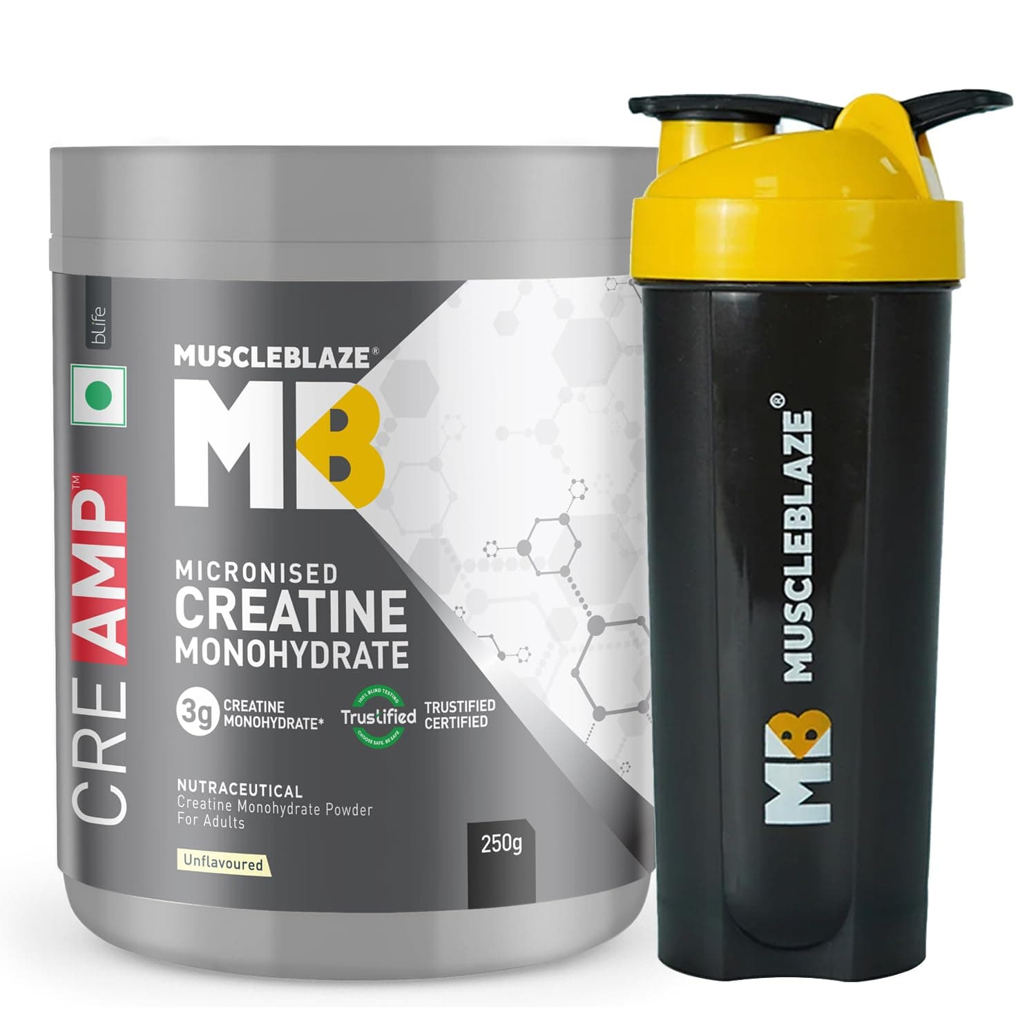 MuscleBlaze Micronised Creatine Monohydrate CreAMP Powder, Unflavoured (80 Servings, 250g) with Shaker Combo | Trustified Certified Creatine